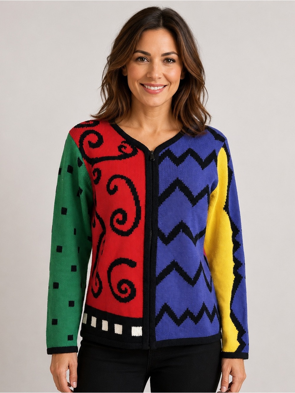 LISA NICHOLS Vintage 90's Colorful embroidered zippered cardigan S/M /L ?
